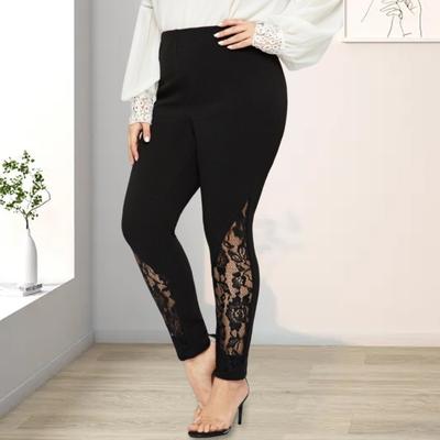 Women High Waist Leggings Solid Color Slim Fit Hollow Embroidery Lace Floral Elastic Tight Fit Pencil Pants