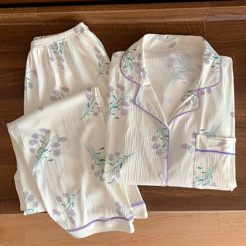 Spring and Autumn New Women's Garden Flowers Pajamas Girls Long-Sleeved Thin Section of Simple High-Level Sense of Suit Homewear