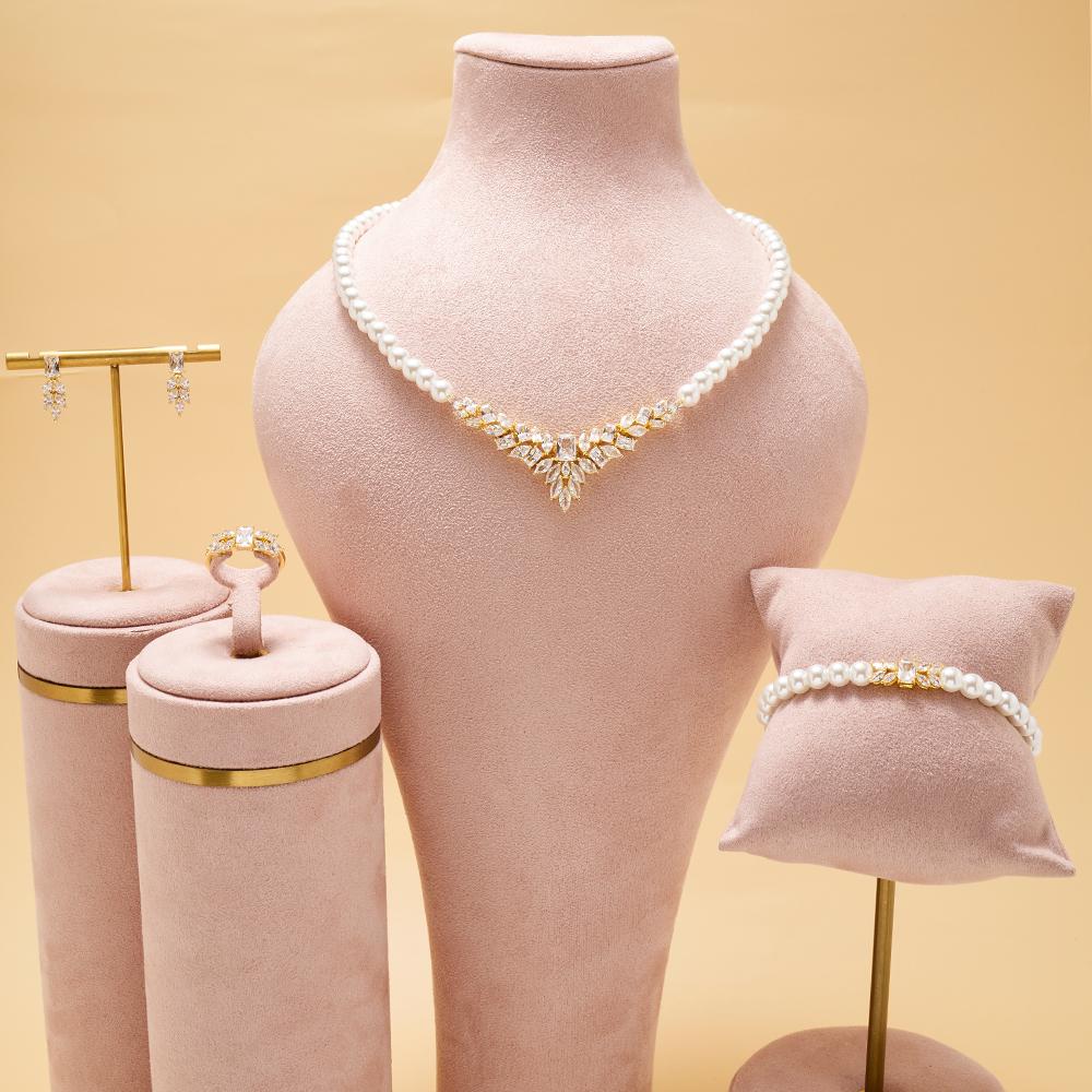 017068  Handmade Pearls CZ Necklace Design Set Wedding Elegant Cubic Zircon Jewelry Full Sets Dubai Gold Plated