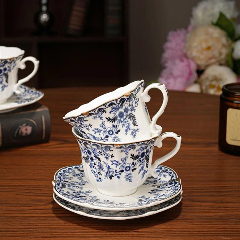 Light Luxury Peony Flower Golden Edge Ceramics Coffee Cup and Saucer Set European Afternoon Tea Cup Home Blue Flower Tea Cup