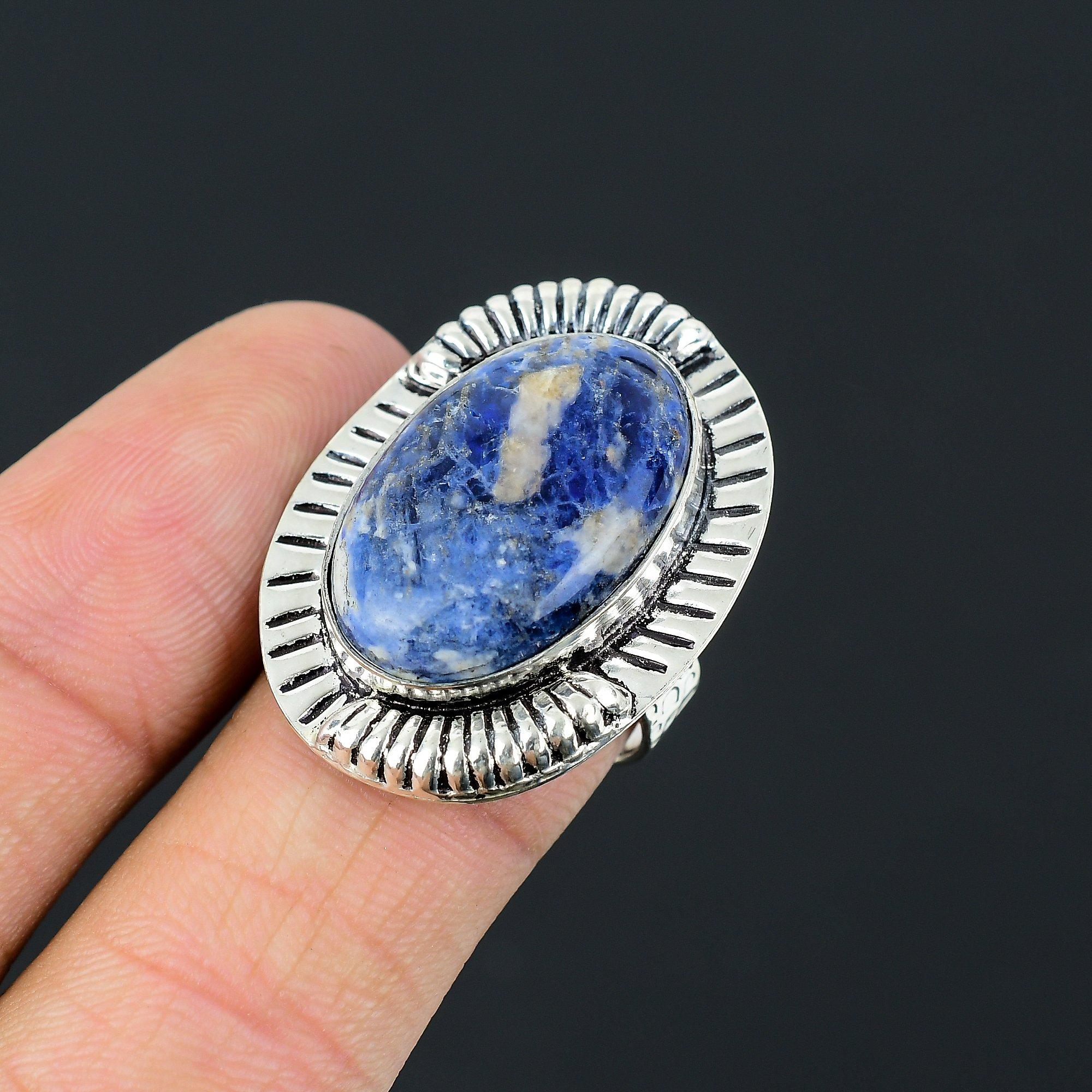 Oval Natural Sodalite Sister Stackable Ethnic Ring Size 8.5 925 Sterling Silver 8.5
