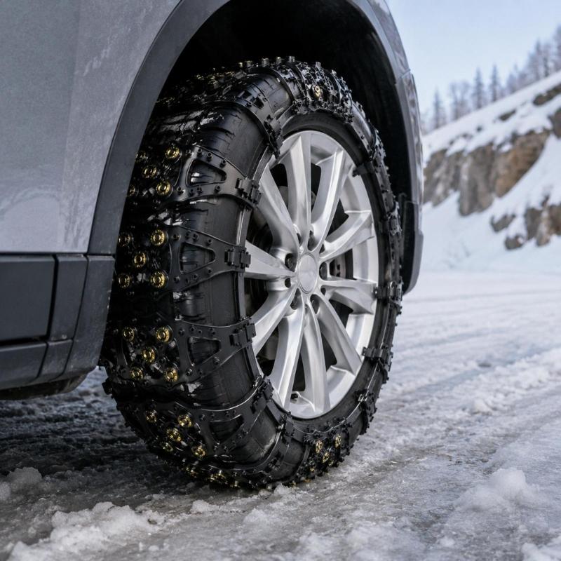 Snow Tire Chains with Individual Over-Tire Sections and Metal Contact Cups for Temporary Roadside Fitting and Use