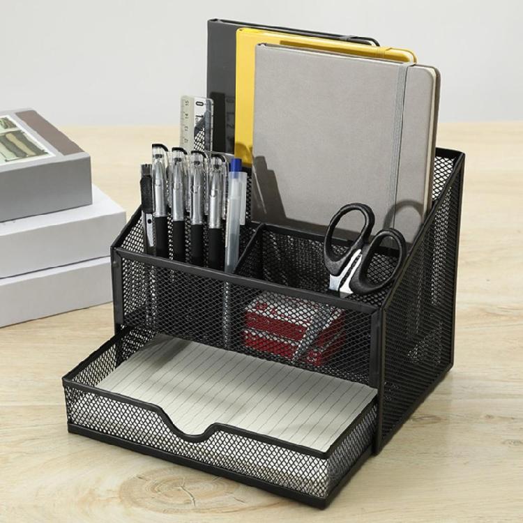 Desktop Metal Pen Organiser with Drawer 5 Compartments Desk Storage Tray Large Capacity Pen Container For Office School