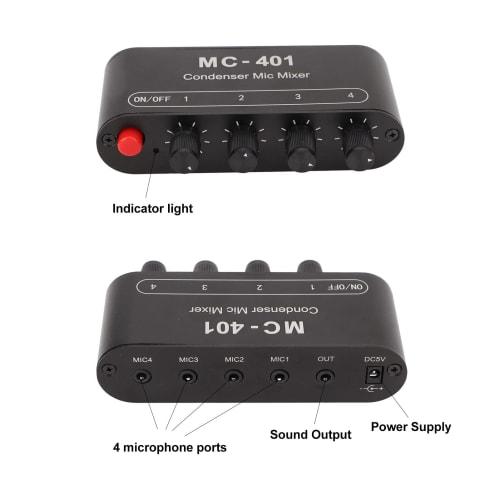 4-Channel Mini Audio Line Mixer, 4-in 1-out Stereo Mixer with 3.5mm Input, Low Noise DC 5V DJ Microphone Sound Mixer with Headphone Amplifier for PC