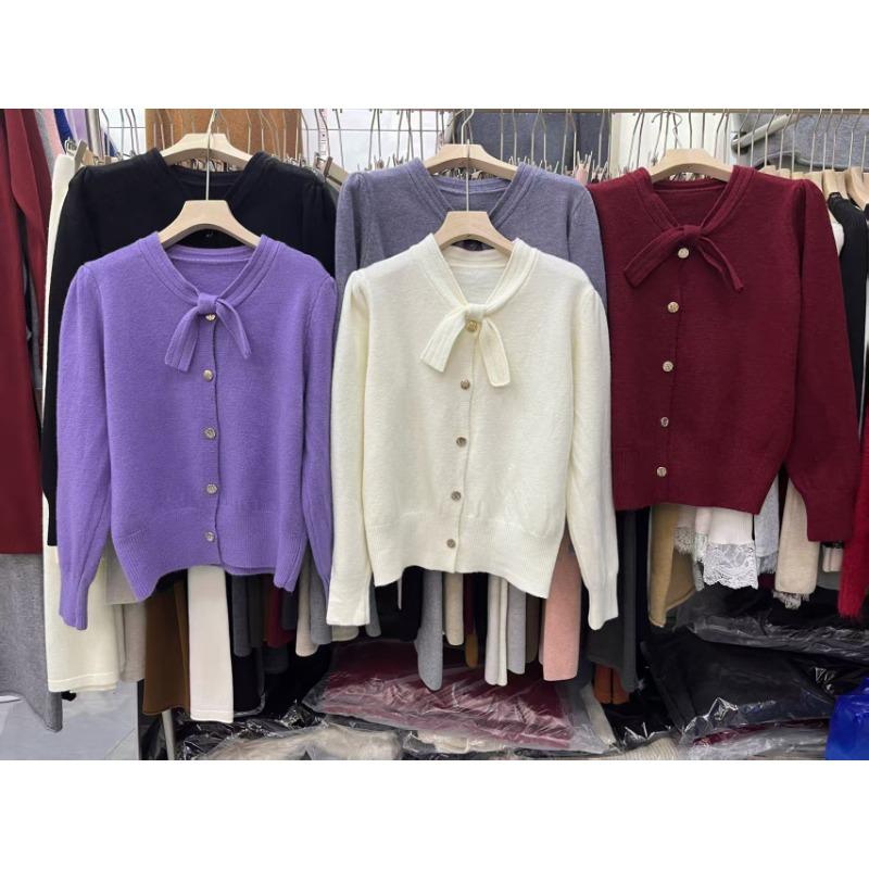 Spring new simple and versatile knitted cardigan solid color top bow design sense long sleeve sweater jacket