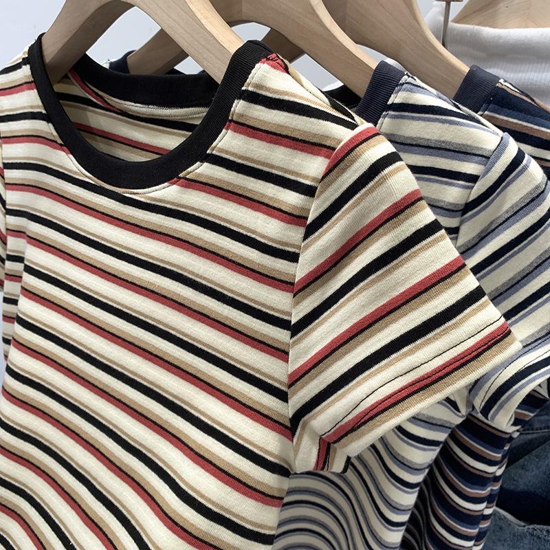 Women's American Stripe Color Block Straight Shoulder Tee - 2025 Summer Slim Fit, Short Sleeve, Hot Girl Style