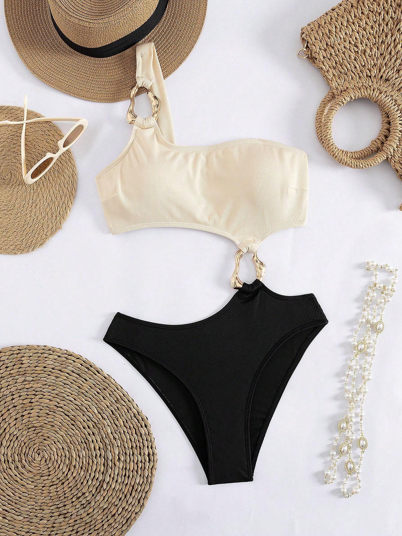 One-piece European and American swimsuit women s hollow metal buckle contrasting color sexy shoulder swimsuit S
