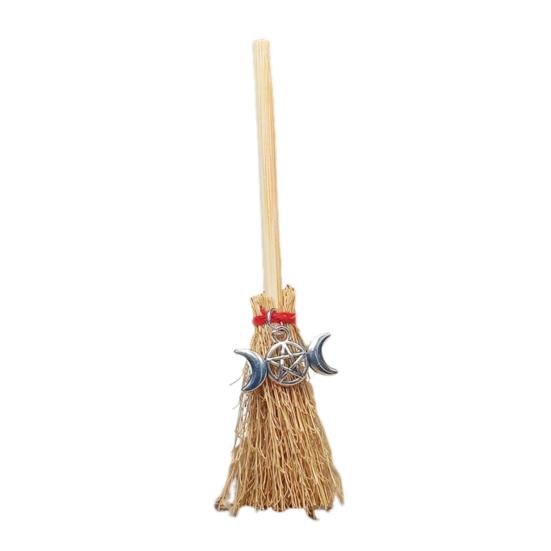 Mini Witch Broom Car Pendant Wooden Halloween Ornament for Rearview Mirror 1:6/1:12 Miniature Doll Houses Scale Accessory