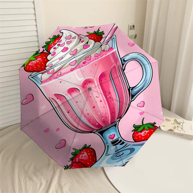 

1pc strawberry milkshake Automatic Open/Close Umbrella Compact Folding Umbrella with 8-Rib Shaft for Women/Men, Elegant Birthday1257S