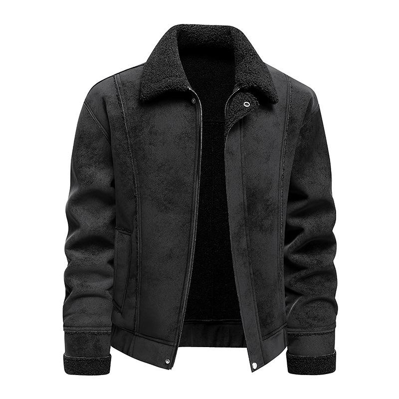Autumn and winter new suede suede leather jacket men's velvet thermal lapel jacket large size fur integrated jacket