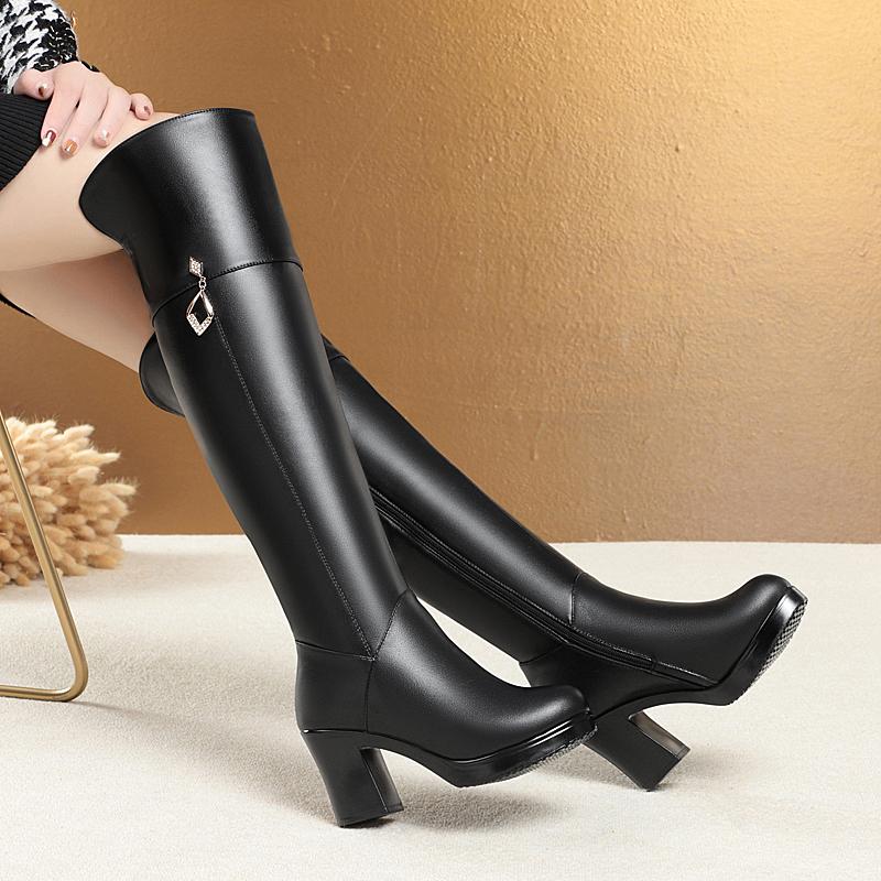 Fashion GKTINOO Women's Over The Knee Boots Natural Wool Genuine Leather Women Winter Boots Warm High-heel Women Motorcycle Boots
