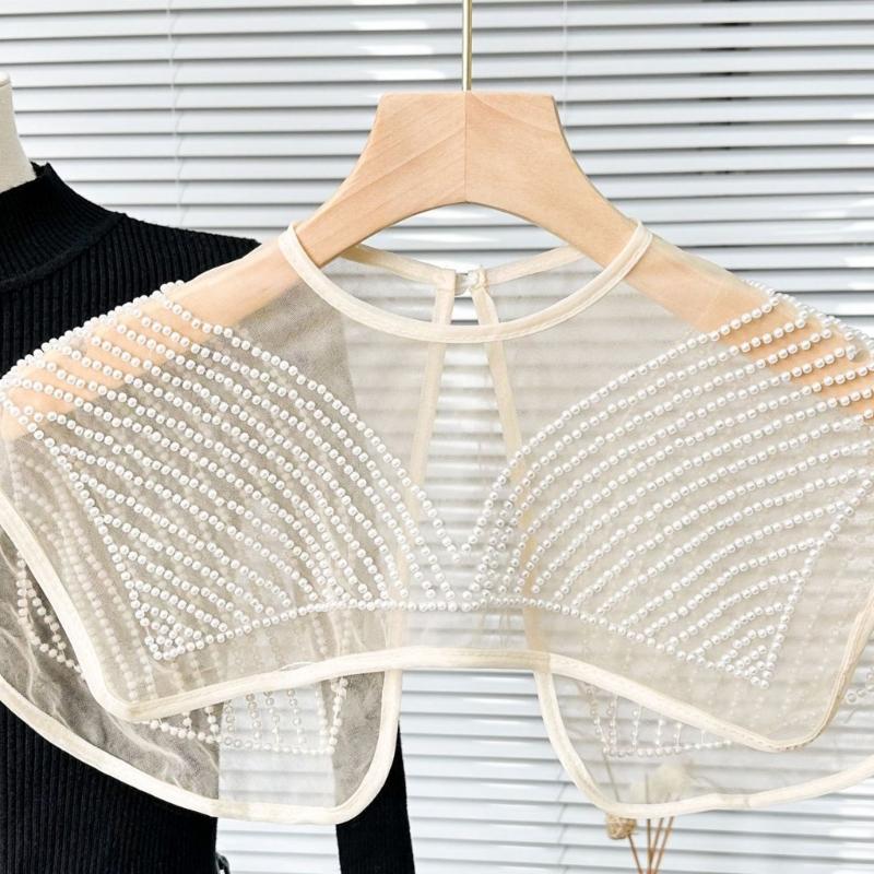 Japanese Women Girl Fake Collar Shawl Scarf Faux Pearls Beading Vintage Shoulder Wrap Sheer Organza Half Shirt Poncho