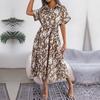 Women Summer Loose Leopard Lace Up Single Breasted Shirt Dress