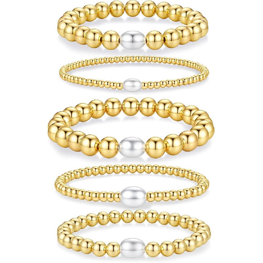 M MOOHAM Gold Beaded Bracelet Set for Women, Pearl Cross Stackable Jewelry | 14K Gold Plated Beaded Bracelets Set, Adjustable Stretch, Non Tarnish