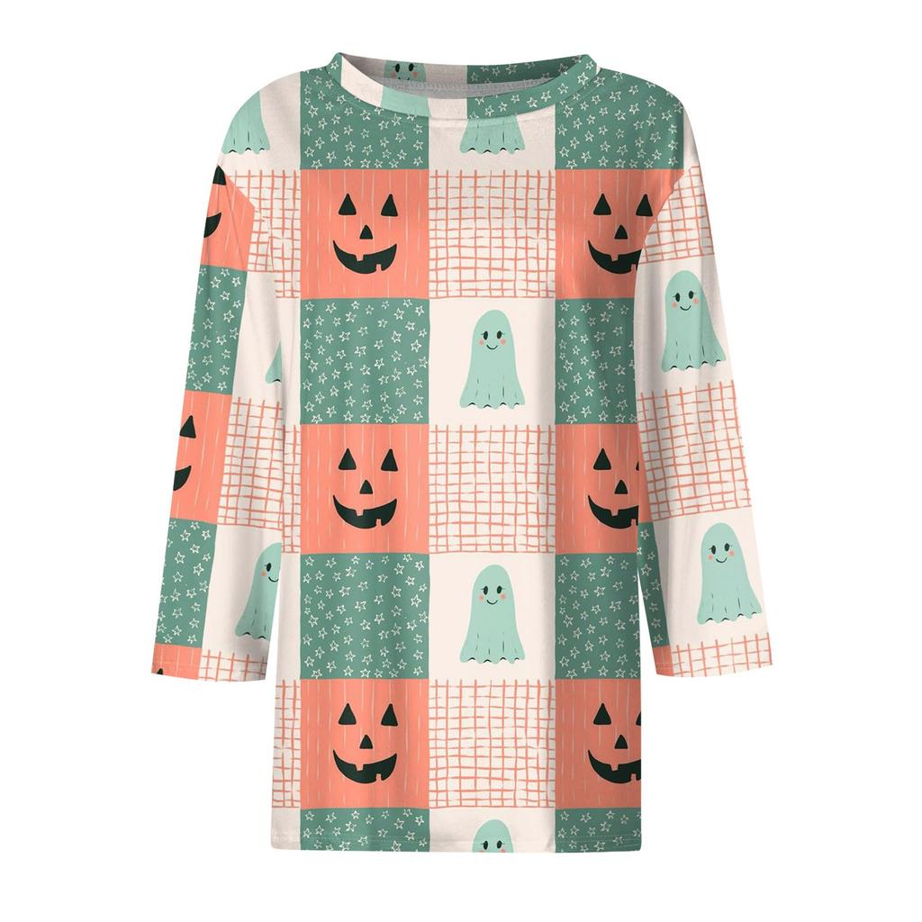 Women's Fashion Casual Three-quarter Sleeve Halloween Printed Round Neck Top