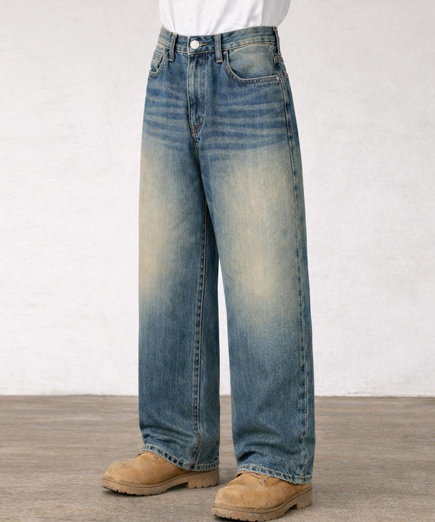Jikeulib Secret Elastic Waist Vintage Washed Wide Straight Denim Pants 4 Colors (Type A)