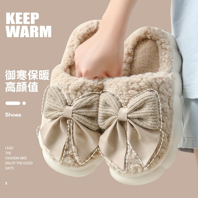 Bow-tie fluffy slippers winter cute indoor home home thick bottom plush warm cotton mop