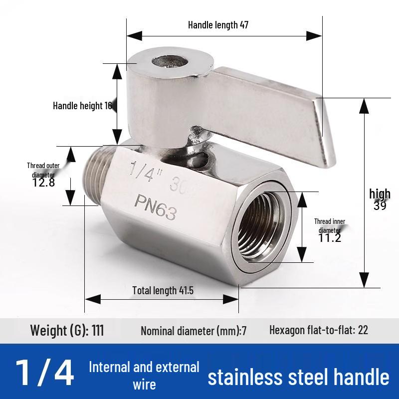 Mini Ball Valve 304 Stainless Steel, Internal/External Thread, 6/4 Points