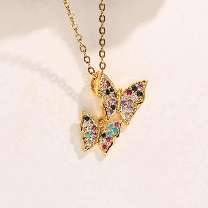 Korean Style Butterfly Pendant Necklace: Women's Colorful Zircon & Copper Jewelry, Non-Fading, Hot Selling Trend.
