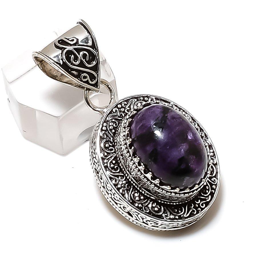 Russian Charoite Gemstone 925 Sterling Silver Jewelry Pendant 1.77" t5T08