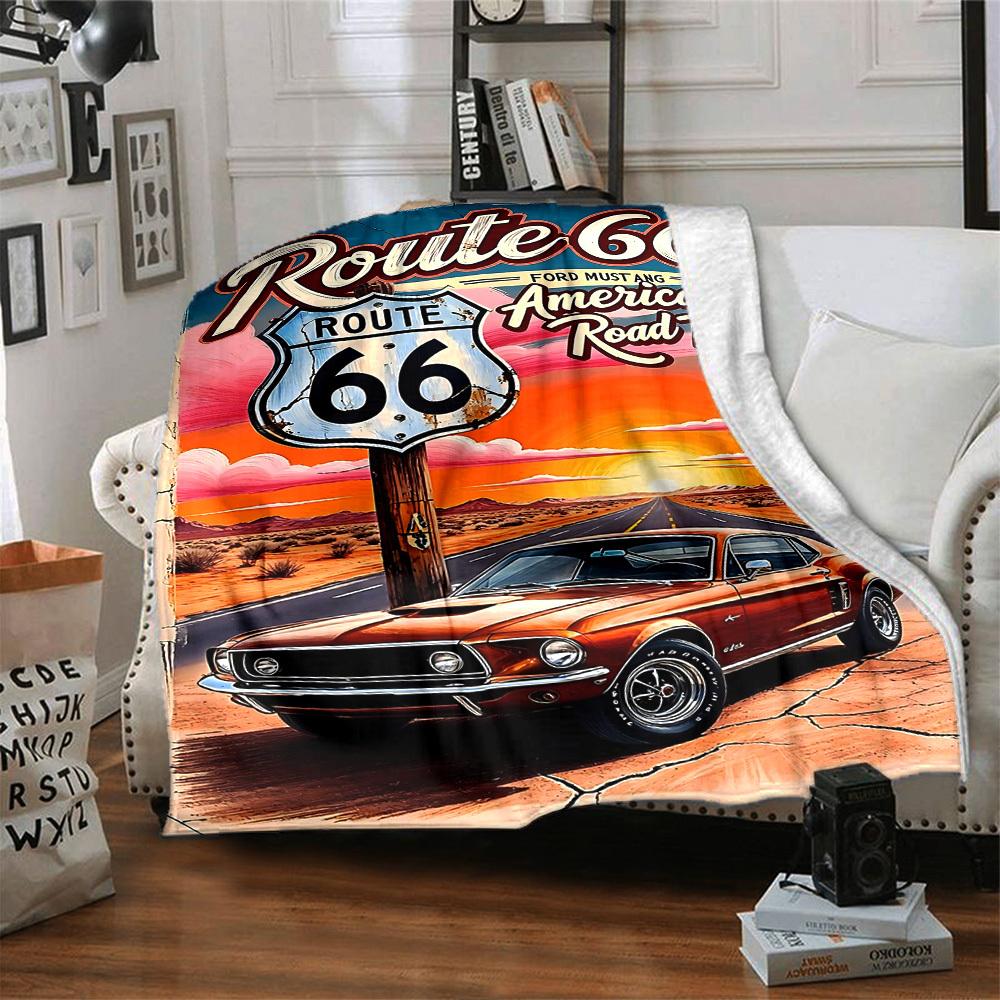 1pc Route 66 American Road Trip Soft Flannel All Season Throw for Home, Office, Outdoor UseDurable Comfort Soft Warm Throw for Home