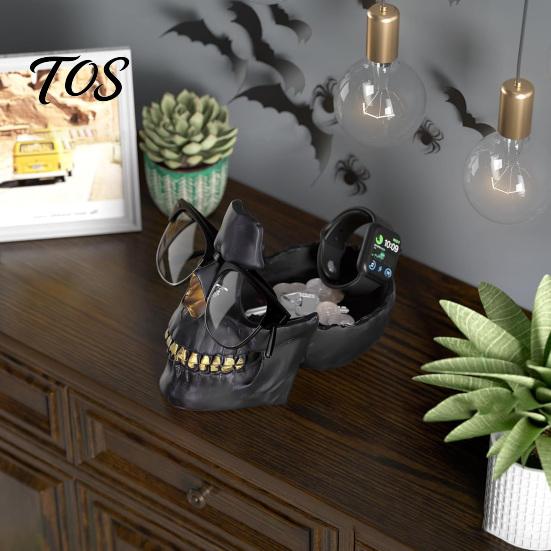 Distressed Skull Ornament Resin Multifunctional Storage Tray, Gothic Eyeglasses Holder Jewelry Organizer for Unique Eyeglass Keys Coins Trinkets,