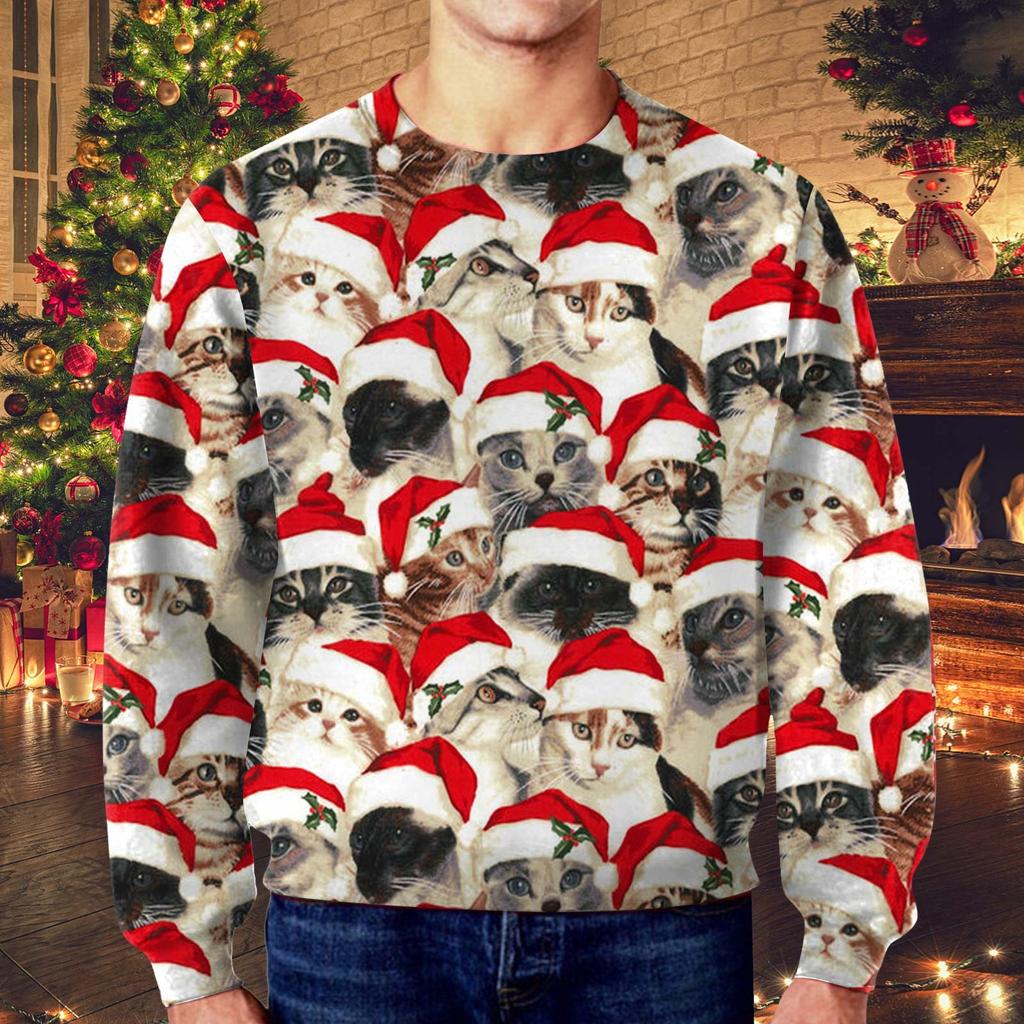 Mens Christmas Hoodie Cartoon Santa Claus Printed Round Neck Long Sleeve Sweatshirt Loose Crewneck Pullover Sports Tracksuits