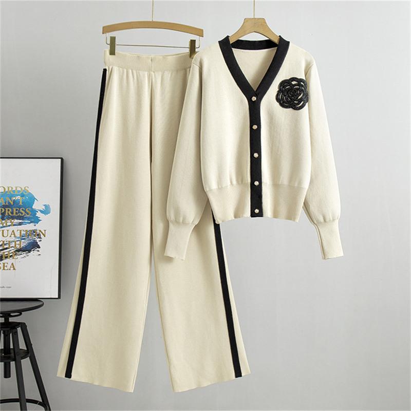 

Осінньо-зимовий новий костюм-светр, кардиган з V-подібним вирізом, вільний топ, широкі штани, комплект з двох предметів One Size абрикосовий