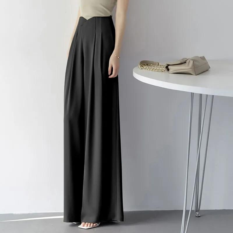 

Women s High-Waist Wide-Leg Pants - Satin Feel Flowy Casual Long Trousers S чёрный