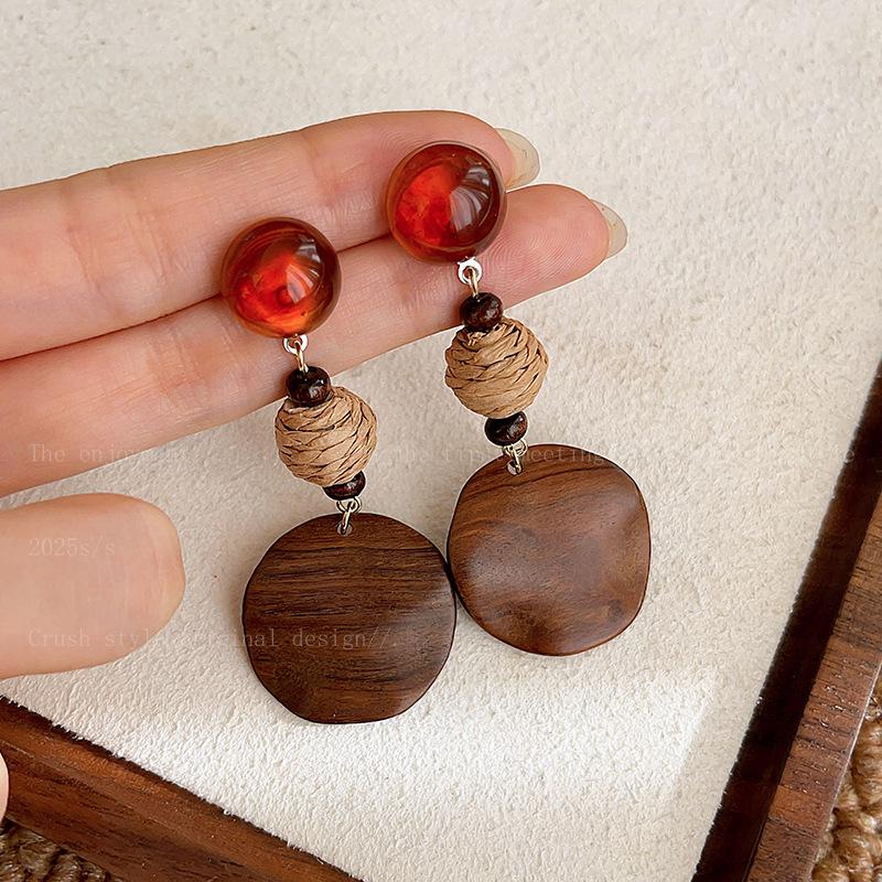 Ретро Геометрические Деревянные Серьги-Подвески - Легкая Роскошь Осенне-Зимние Пусеты, Новый Китайский Стиль Универсальные Длинные Серьги для Женщин