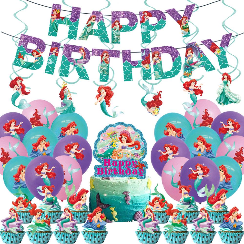 Ariel-Themed Birthday Decorations: Banner, Cake Toppers, Balloons & Swirl Supplies