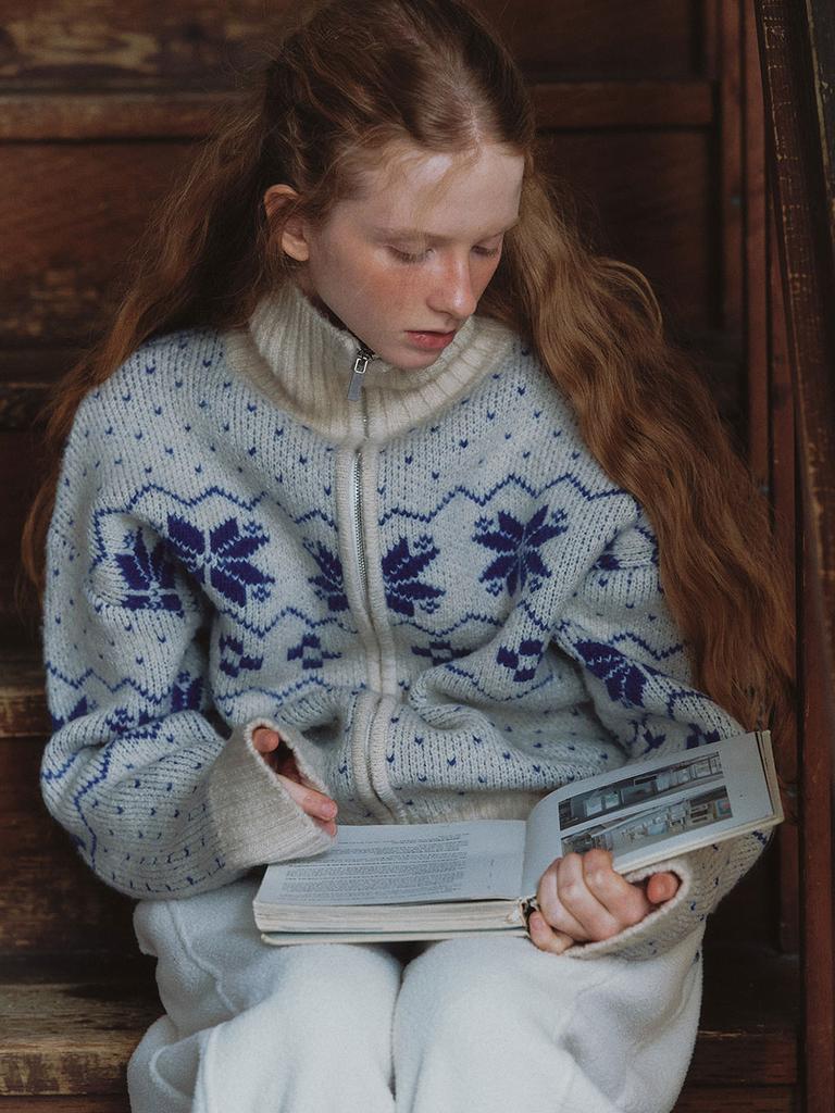 CLUNY Nordic Wool Jacquard Twoway Zipup Knit - Cream Blue