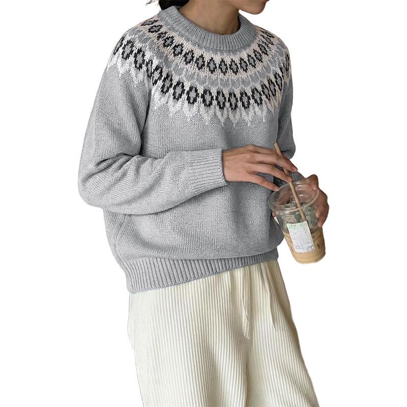 2026 Retro Ethnic Style Fair Isle Knit Sweater – Women's Loose Long Sleeve Round Neck