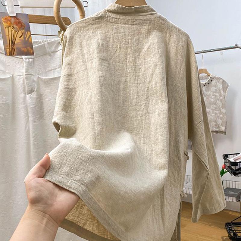 Retro Artistic Stand Collar Frog Button Cotton-Linen Long Sleeve Shirt