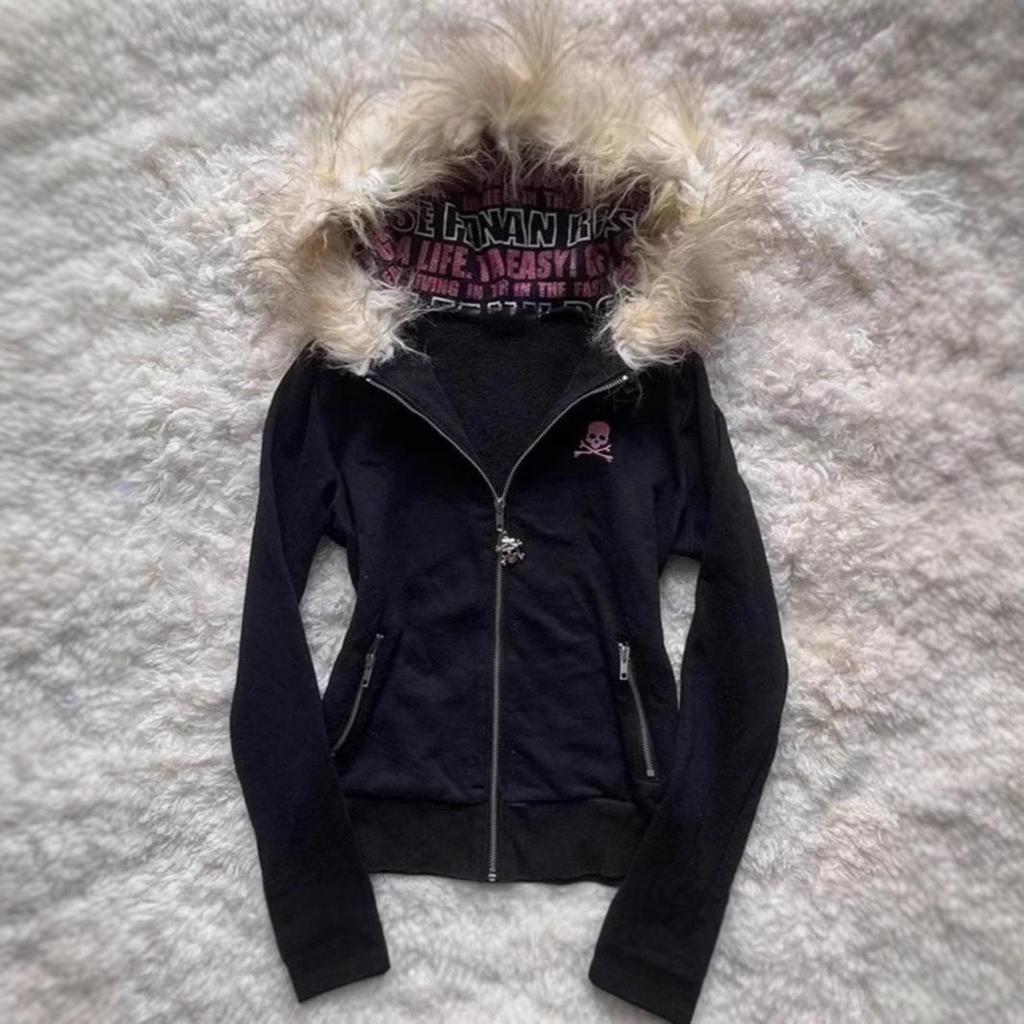 Y2K Kapuzen-Cardigan-Sweatshirt im japanischen Stil mit Buchstabenprint und Pelzkragen