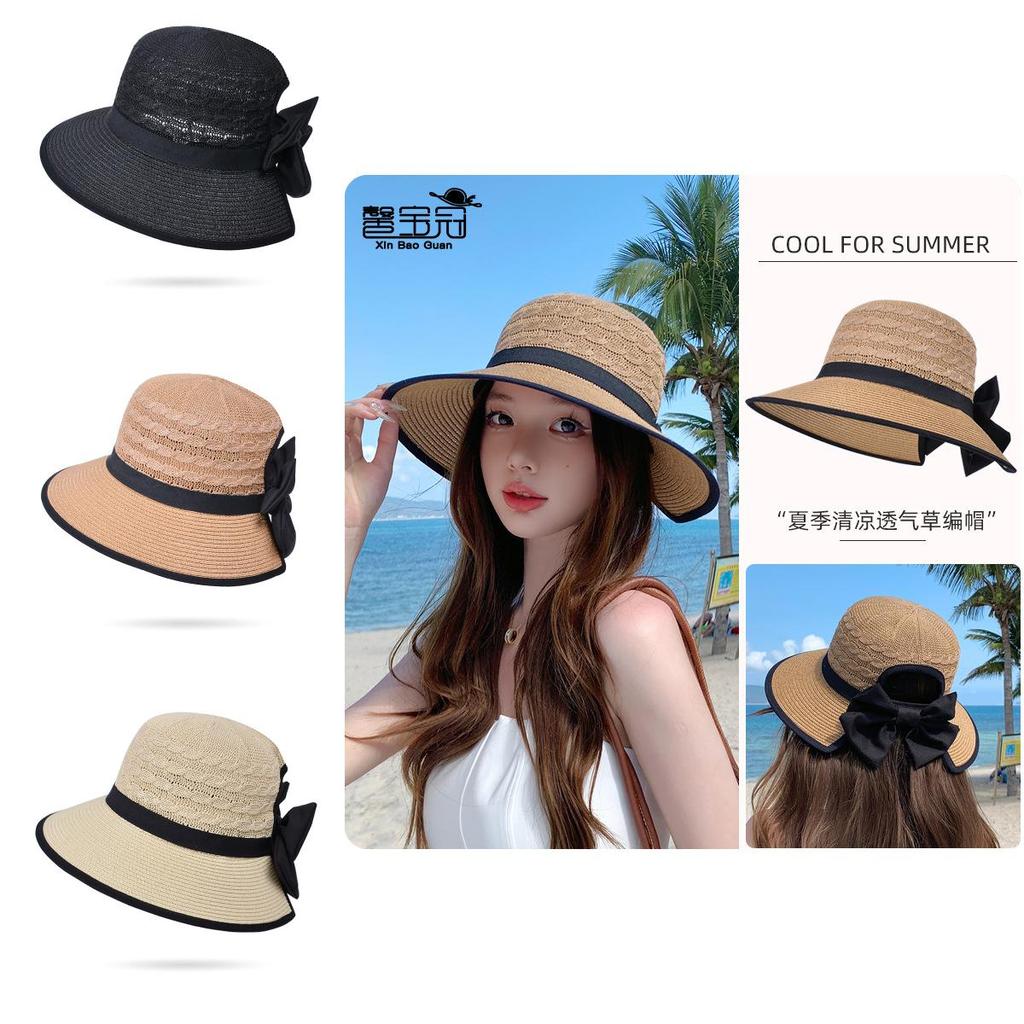 Summer Straw Hat For Women With Butterfly Knot Large Brim Sun Protection For Outdoor Travel