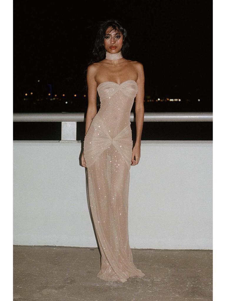 2023 Winter Women's Sexy Bandeau Fishtail Dress - European & American Style, Micro-Transparent Design
