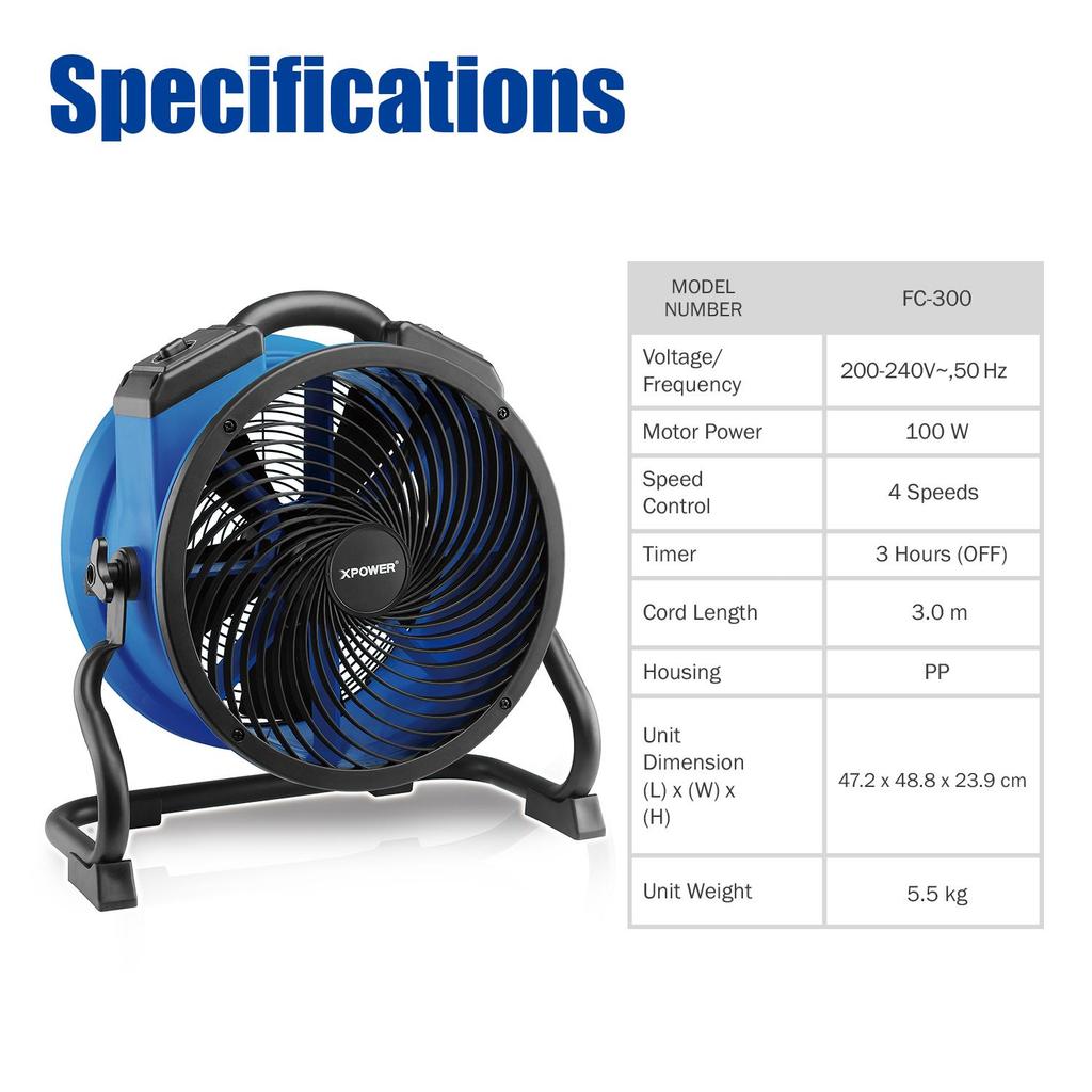 Axialfläkt XPOWER Timer Blå Luftcirkulation Hög Kapacitet Robust 14″ Pro Arbetsfläkt Mattork FC-300