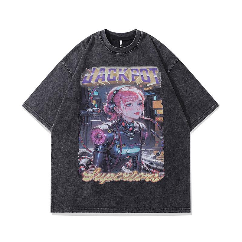 American Street Trendy Brand Retro Cartoon Heavy And Old Short-Sleeved T-Shirt Men'S Guochao Hip-Hop Half-Sleeved Tee Shirt