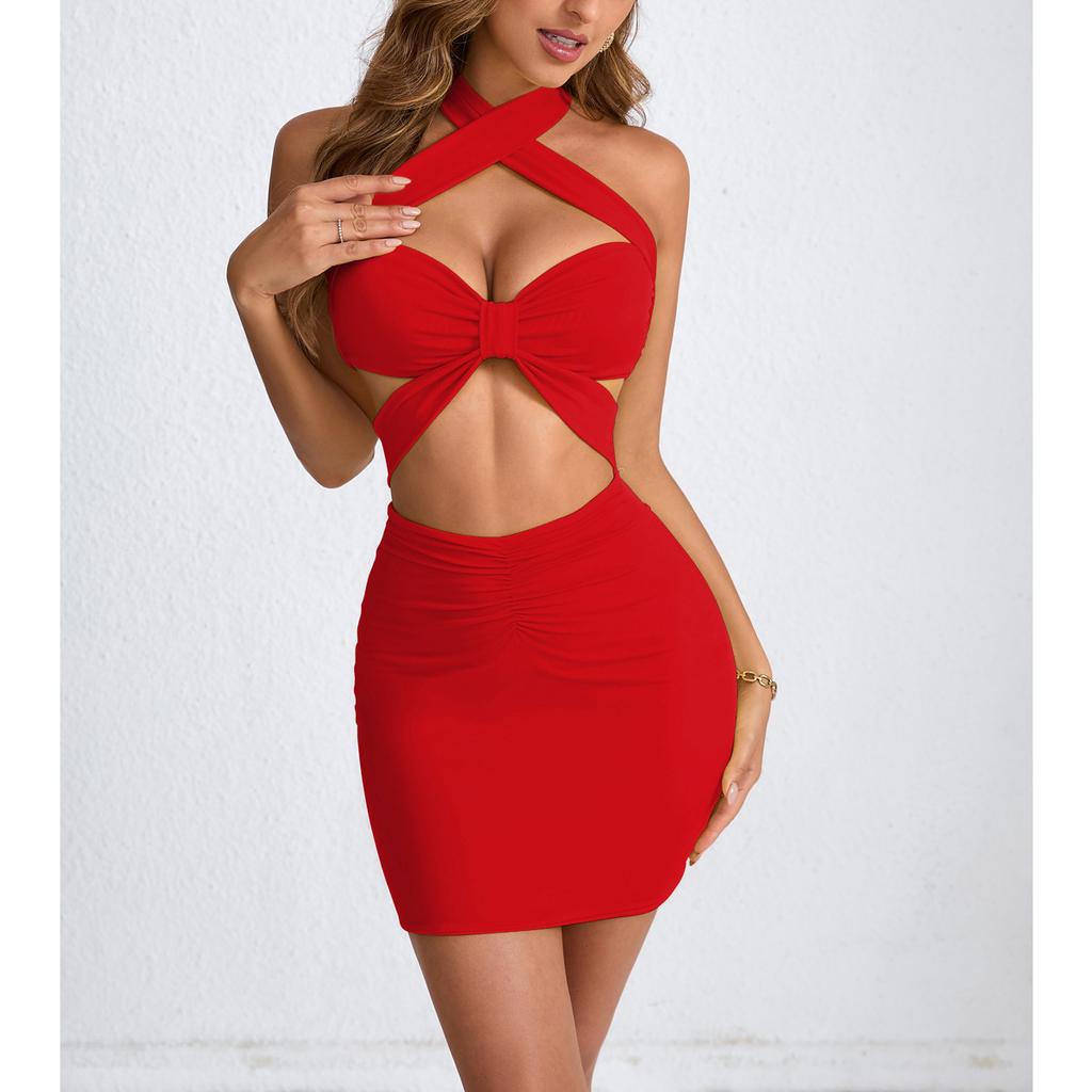 Updated Womens Short Skirt Summer Hollow Neck and Hip-pack Sexy Dress