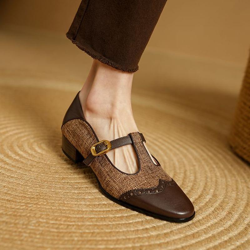Fashion NEW Spring/Autumn Women Pumps Square Toe Chunky Heel Shoes Genuine Leather Shoes for Women Cotton Fabric Buckle Strap Mary Janes