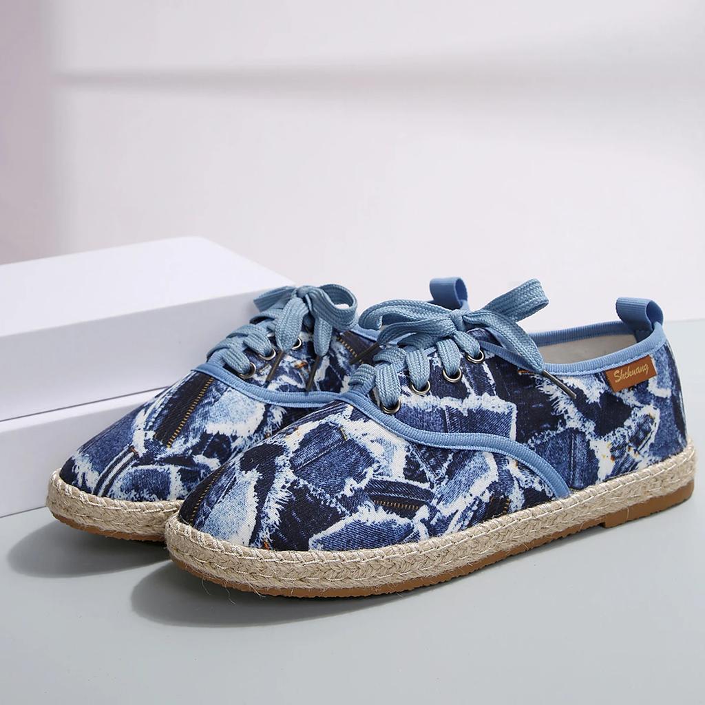 Breathable Linen Casual Flat Shoes Woman Espadrilles Loafers Ladies Comfy Houndstooth Print Canvas Zapatos Soft Driving Footwear