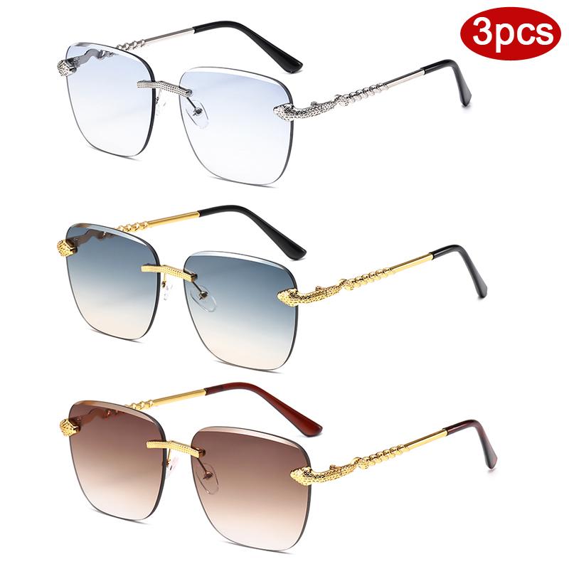 

3Pcs Rimless Metal Large Rectangle Sunglasses Women Gradient Lens Brand Design Sun Glasses Fashion Snake Pattern Eyewear Uv400