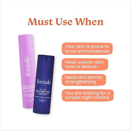 Foxtale Sensitive Skin Care Kit | Vit-A-Lity 0.15% Encapsulated Retinol Night Serum, 30ml & Ceramide Supercream Smoothening Moisturizer, 50ml |