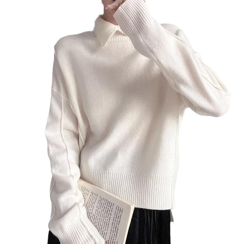 Women Blouse Solid Spring Turn Down Collar Sweater Loose Inner Wear Knit Wool Base Layer