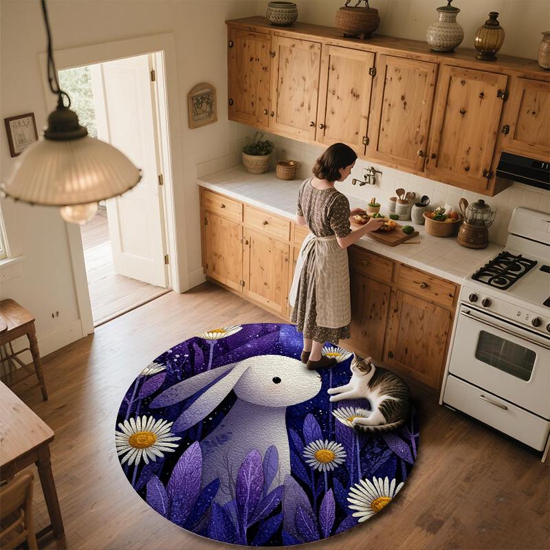 Flower Rabbit,Round Area Rug,Carpet Rug for Living Room Bedroom Sofa Playroom Decor,Non-slip Floor Mat