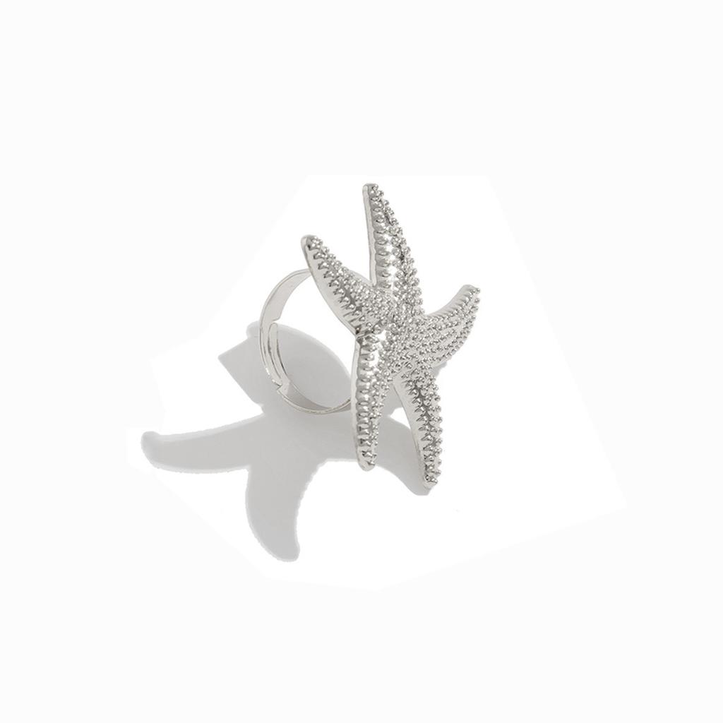 Design Sense Ins Style Hollow Flower Open Ring, Personalized Starfish Imitation Pearl Feather Ring for Women