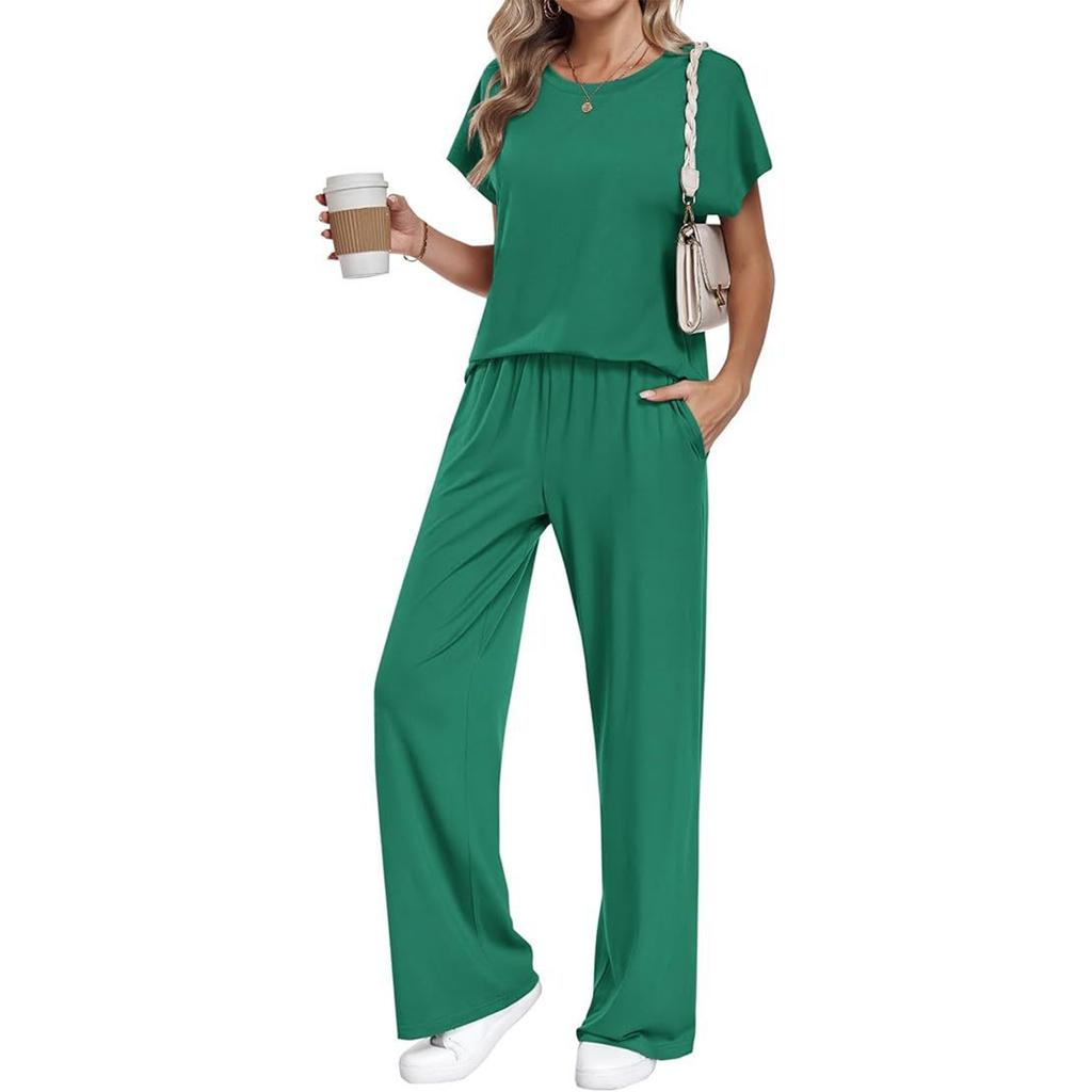 Women Short Sleeve Top Long Pants Loungewear Set Casual Loose Fit Two Piece Outfit Soft Fabric Comfortable Design