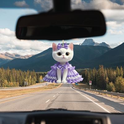 2Pcs Cute Cat Purple Pendant Car Rear View Mirror Charm Acrylic Cat Hanging Decorations for Auto Interior Window Bag