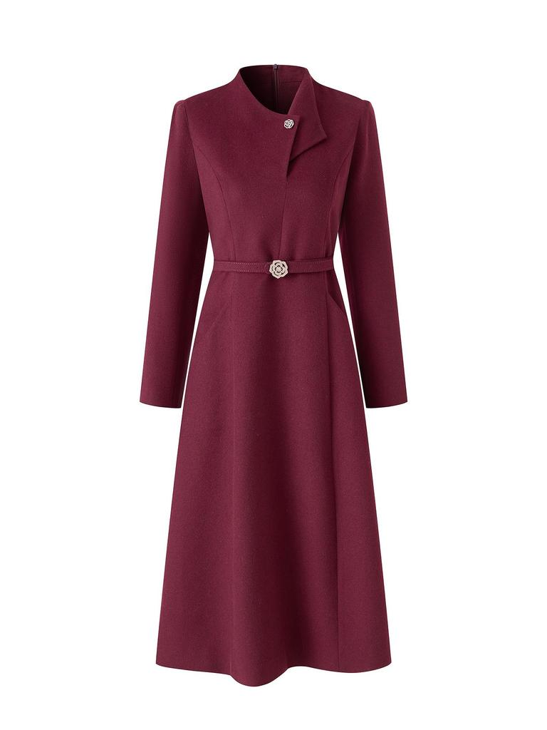Elegant Woolen Skirted Dress with Waist-Cinch for Autumn/Winter